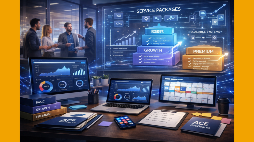 Digital marketing agency team discussing service packages with analytics dashboards showing basic growth premium plans and campaign performance metrics | Ace360degree