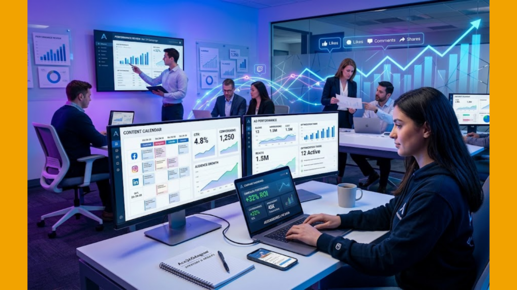 Digital marketing team working on content calendar and campaign analytics with dashboards showing social media performance engagement metrics and ROI growth | Ace360degree