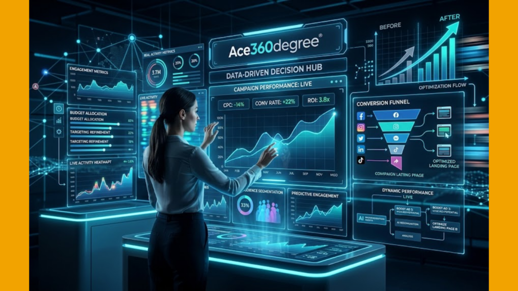 Digital marketing professional analyzing real-time campaign performance on advanced analytics dashboard showing ROI growth conversion funnel and data driven decision insights | Ace360degree