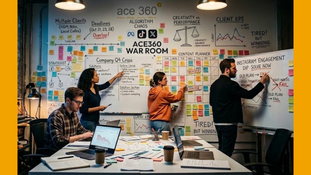 Digital marketing team collaborating in strategy war room with content planner boards sticky notes campaign timelines client KPIs and social media engagement planning | Ace360degree