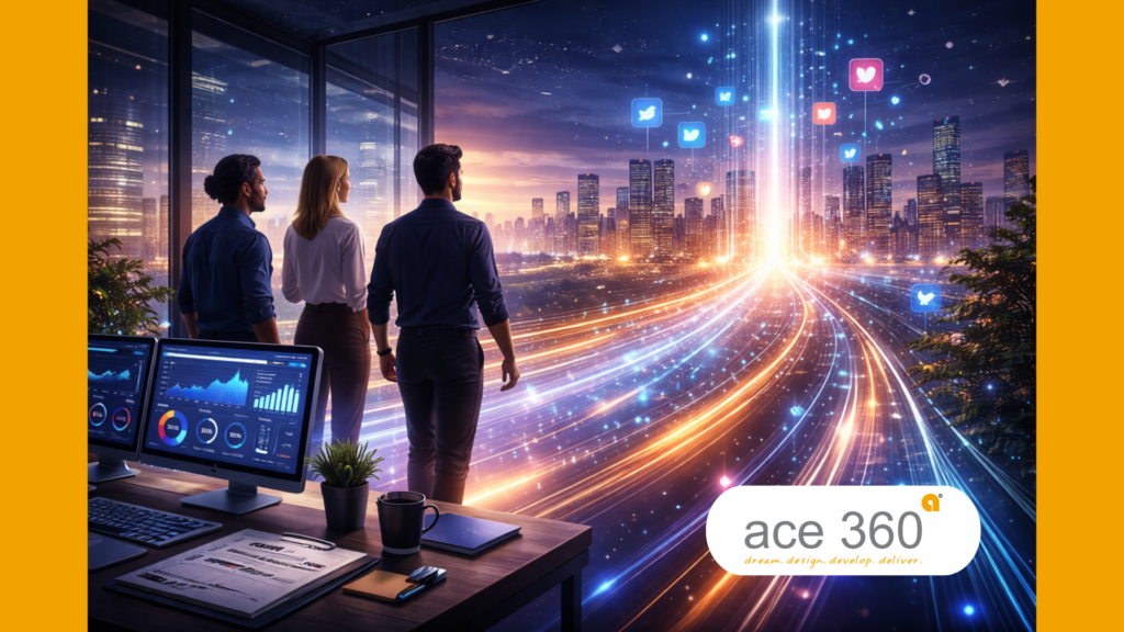 Digital marketing team viewing futuristic city growth with social media icons data analytics dashboards and glowing traffic lines representing online engagement and business growth strategy | Ace360degree
