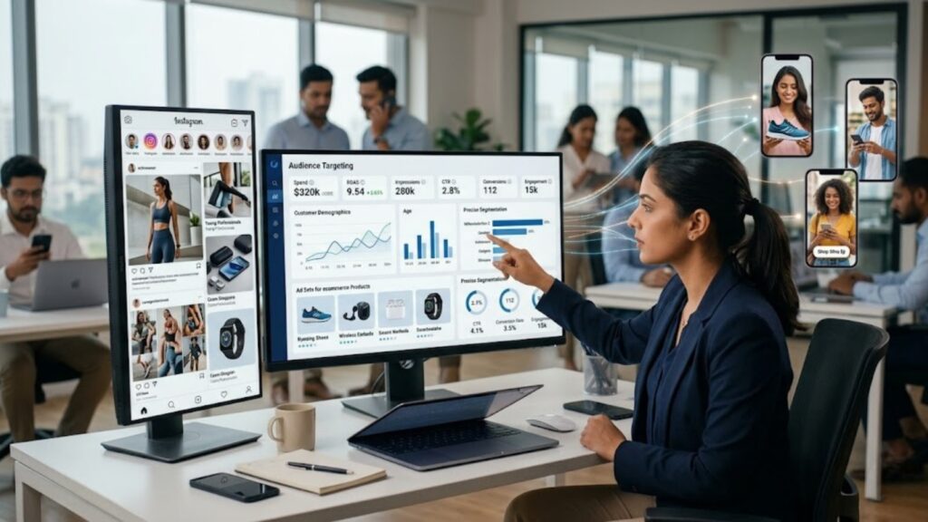Digital marketer analyzing audience targeting data on dual screens with social media ads, performance metrics, and influencer content in a modern office environment.
