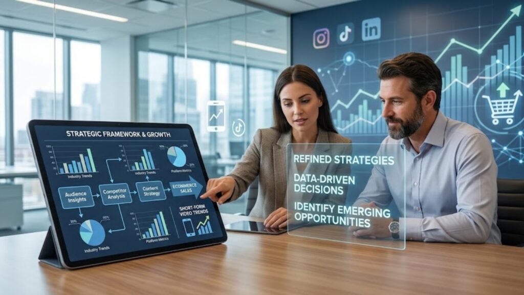 Business professionals analyzing social media marketing and digital marketing strategy on a tablet with data charts, platform icons, and growth graphs in a modern office setting.