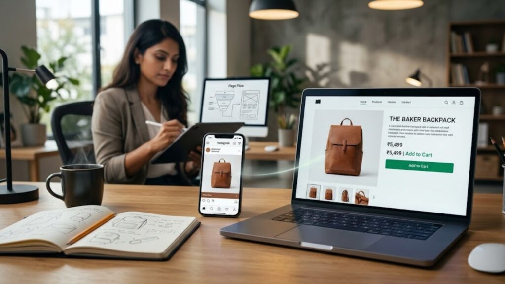 E-commerce professional designing product listings on laptop and mobile, showcasing a leather backpack with pricing, social media preview, and UI wireframe planning in a workspace.