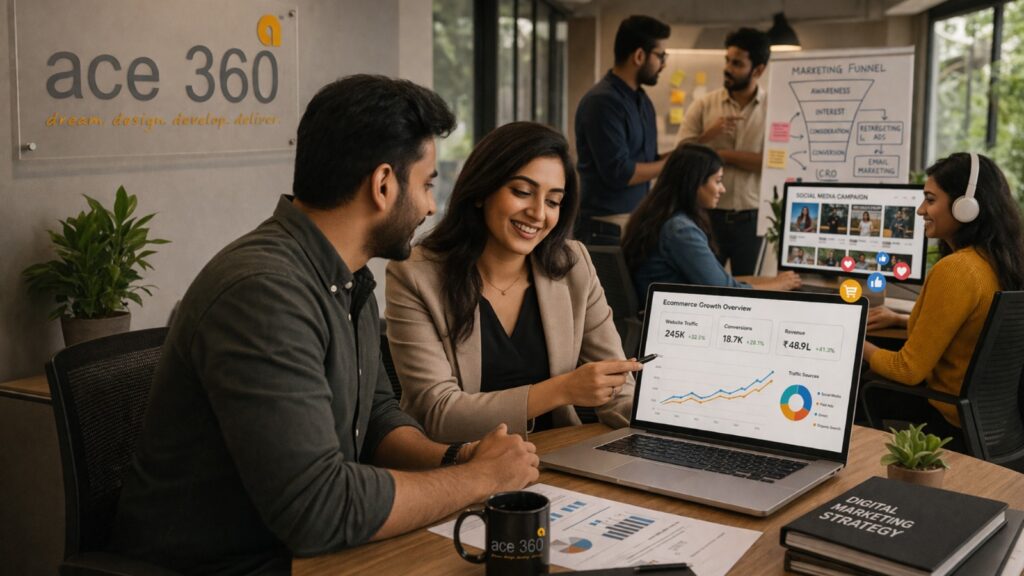 Digital marketing team discussing campaign performance, reviewing analytics and growth metrics on a laptop, with marketing funnel planning and social media strategy in a modern office.