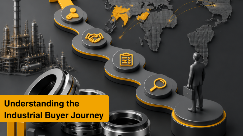 Understanding the Industrial Buyer Journey, featuring icons representing key stages of the journey with a 3D illustration of the buyer's path, global map, and an Industrial SEO Case Study showing the impact of SEO on the buyer's path.