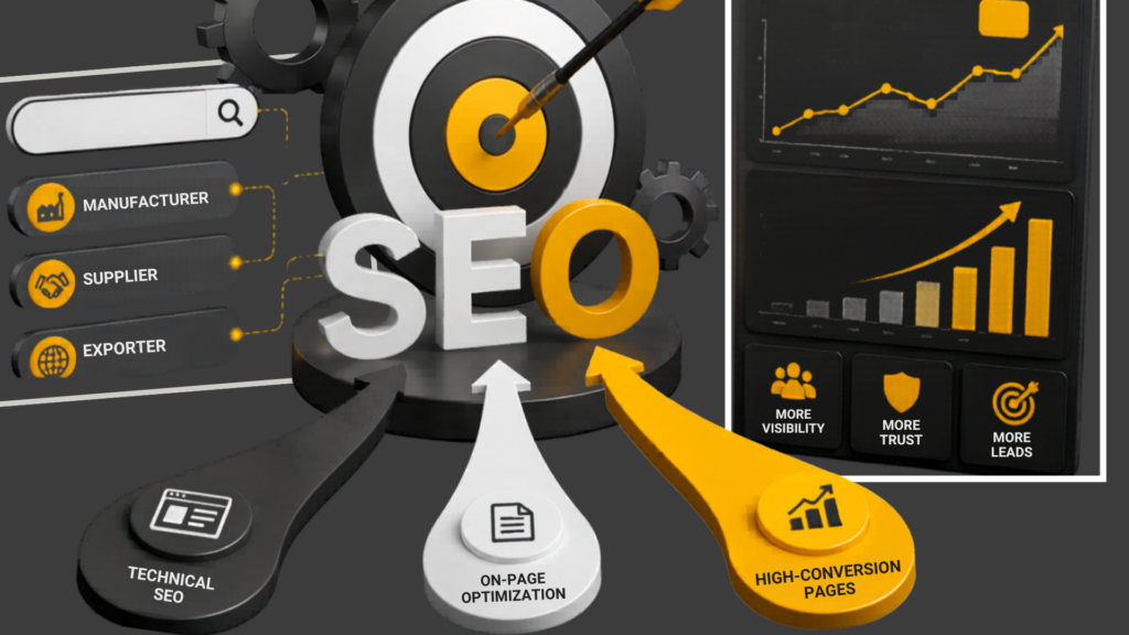 3D illustration showing the components of SEO strategy with arrows pointing towards Technical SEO, On-Page Optimization, and High-Conversion Pages. Includes icons for Manufacturer, Supplier, and Exporter, along with a graph showing SEO growth in terms of visibility, trust, and leads.