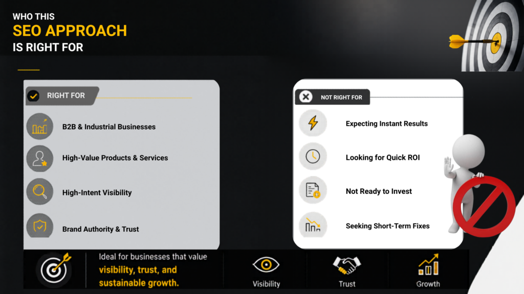 Who this SEO approach is right for: B2B and industrial businesses, high-value products and services, high-intent visibility, and brand authority & trust. Not suitable for those expecting instant results, looking for quick ROI, not ready to invest, or seeking short-term fixes.