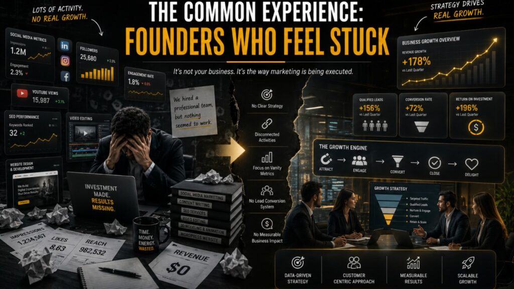 Dark marketing infographic showing a frustrated founder at a desk surrounded by weak social media metrics and crumpled papers, contrasted with a ‘growth engine’ framework and business growth charts promising strategy-driven results.