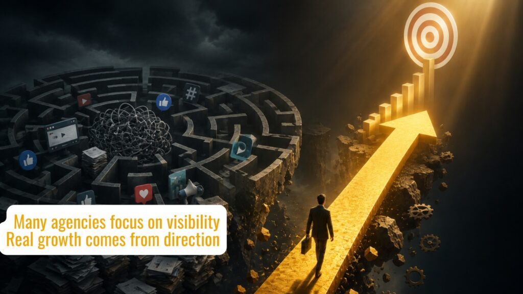 Businessman walking toward a glowing target through a golden path, symbolizing strategic marketing growth and direction, with a dark social media maze in the background.