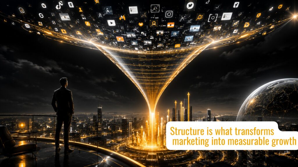 Why Marketing Agencies Fail – Futuristic marketing funnel transforming digital content and social media signals into structured business growth and measurable results.