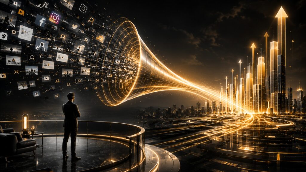 Futuristic digital marketing funnel converting social media content and online visibility into structured business growth and scalable success.