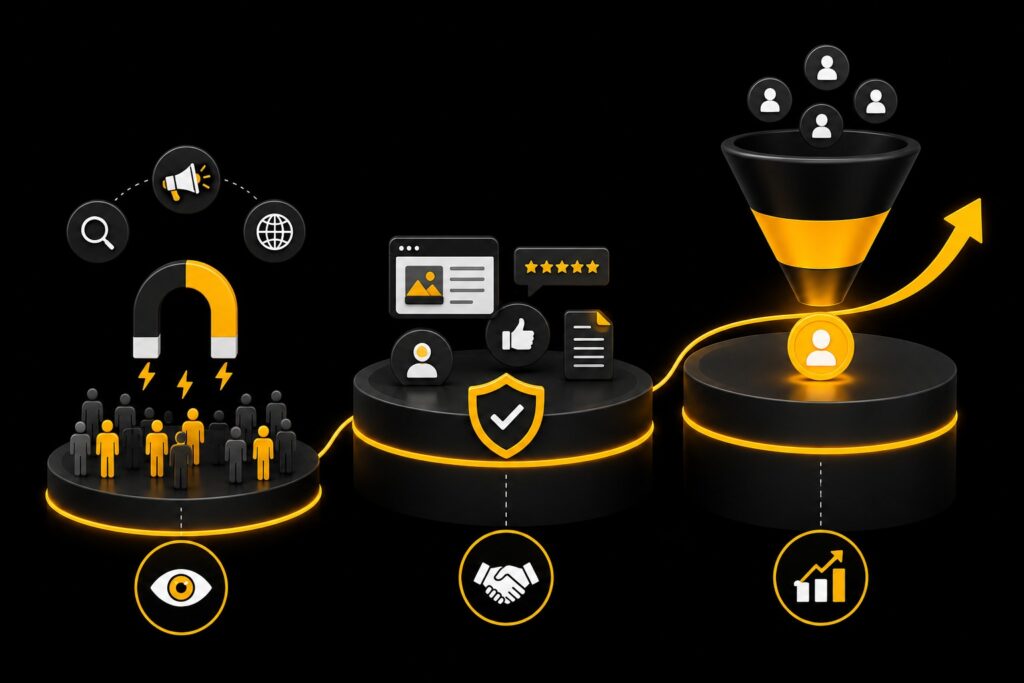 3D digital marketing funnel illustration showing lead attraction with a magnet, customer trust and engagement, and conversion into revenue growth. The image uses black, yellow, and white icons to represent search, advertising, website content, reviews, and sales pipeline steps.