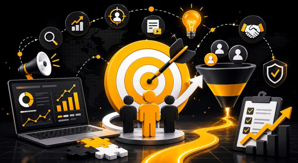 3D digital marketing and sales funnel illustration with a target, lead generation, customer engagement, analytics dashboard, and conversion process. Yellow, black, and white icons depict marketing strategy, audience targeting, sales funnel, and revenue growth.