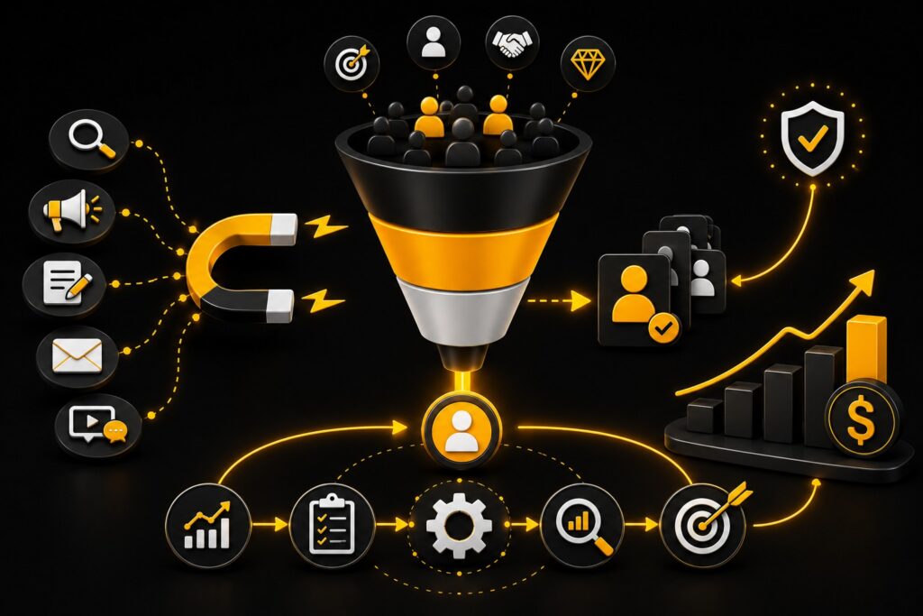 3D B2B sales and marketing funnel illustration showing lead attraction with a magnet, filtering through a funnel, customer verification, engagement, and conversion into revenue. Yellow, black, and white icons depict analytics, tasks, optimization, target achievement, and financial growth.