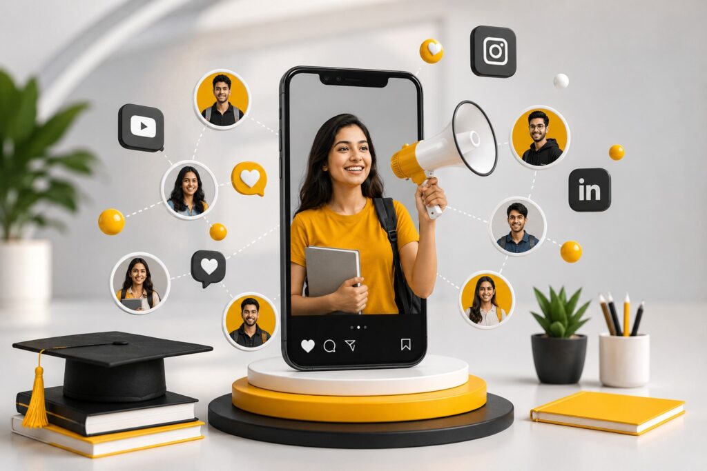 Student influencer promoting online education through social media on a smartphone, surrounded by digital marketing, networking, and e-learning platform icons.