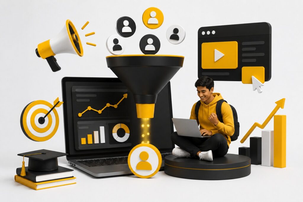 3D digital marketing and student enrollment funnel concept showing online learning, lead generation, analytics growth, audience targeting, and education marketing visuals.