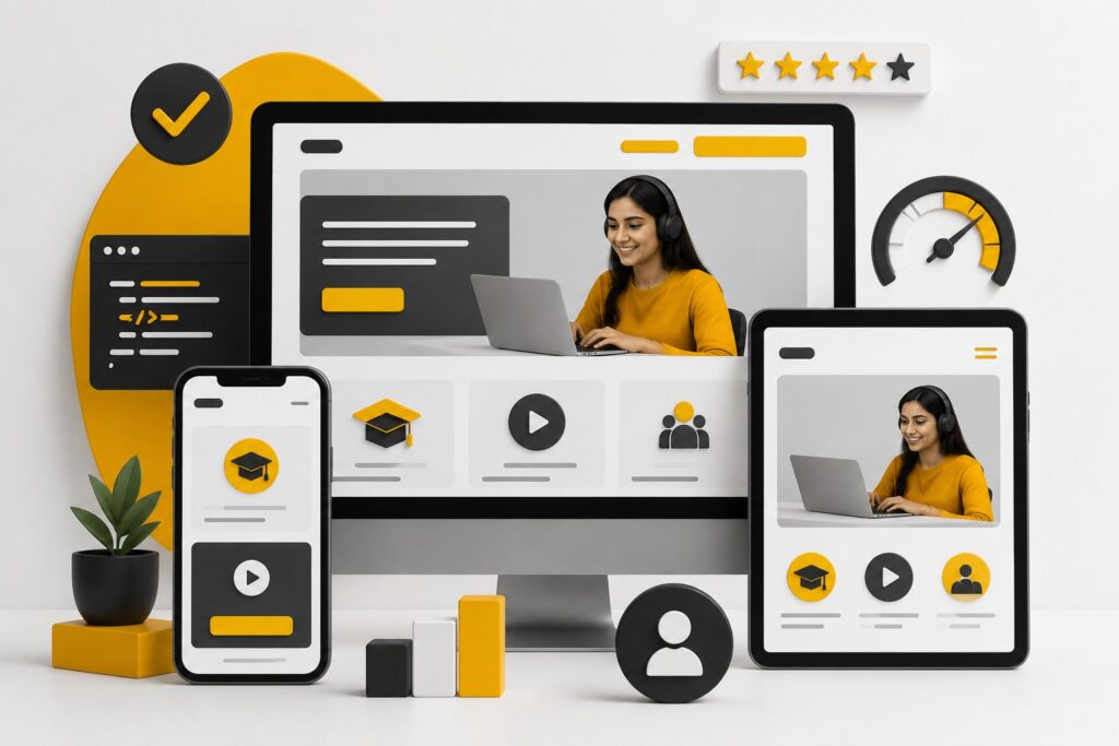 Responsive e-learning platform displayed across desktop, tablet, and mobile devices with online courses, video learning, student dashboard, and digital education interface.