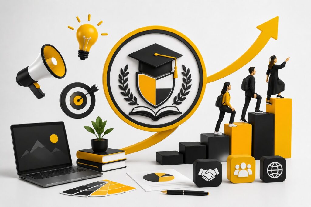 3D education growth and student success concept showing graduation achievement, digital learning, career progress, marketing strategy, and rising student enrollment visuals.