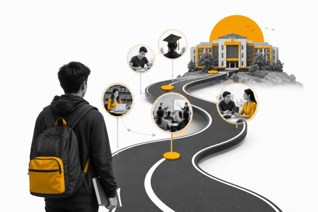 Student following the educational journey from learning to graduation, leading toward a successful academic institution.