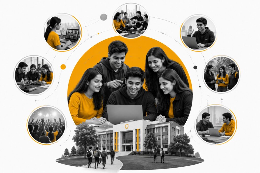 Students collaborating, learning, and engaging in campus activities, showcasing a vibrant educational community.