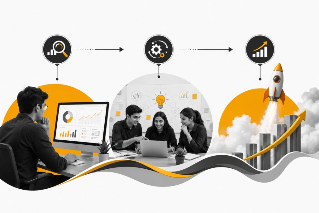 Data-driven education marketing strategy showing analysis, optimization, and growth in student admissions and institutional performance.