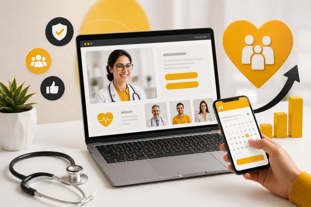 Healthcare digital marketing illustration showing an online doctor consultation, appointment booking on a smartphone, patient engagement, and healthcare growth analytics.