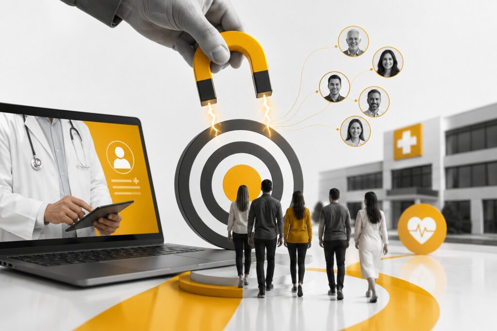 Healthcare digital marketing concept showing patient targeting, doctor branding, and lead generation with audience attraction and hospital marketing visuals.