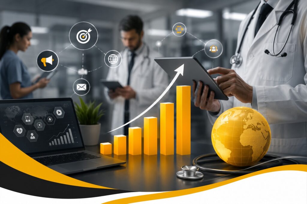 Healthcare digital marketing concept featuring doctors, healthcare analytics, SEO, online marketing, and patient growth with digital performance metrics.