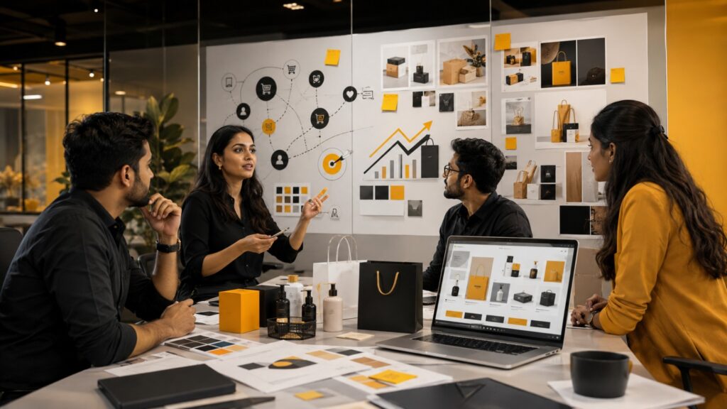 Team discussing ecommerce website development and branding strategy with product mockups, UI designs, and marketing visuals in a modern office.