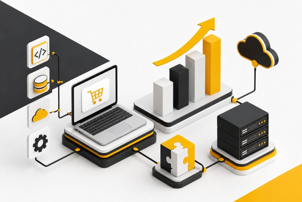 3D illustration of ecommerce website development showing online store architecture, cloud hosting, coding, database integration, analytics, and scalable business growth.