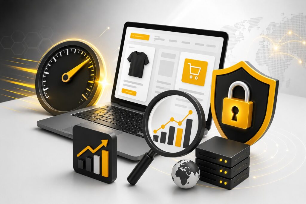 3D illustration of a secure, high-performance ecommerce website featuring fast loading speed, analytics, cloud hosting, online shopping, and advanced security.