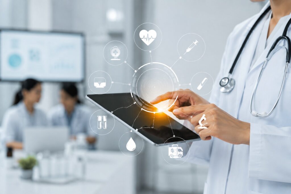 Doctor using a digital tablet with interactive healthcare icons representing healthcare app development, telemedicine, electronic health records, diagnostics, and connected patient care.