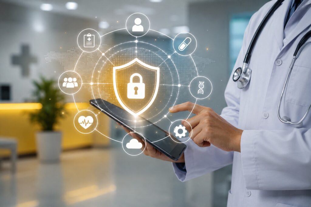 Doctor using a tablet with secure healthcare app development interface, highlighting patient data security, cloud integration, electronic health records, and digital healthcare solutions.