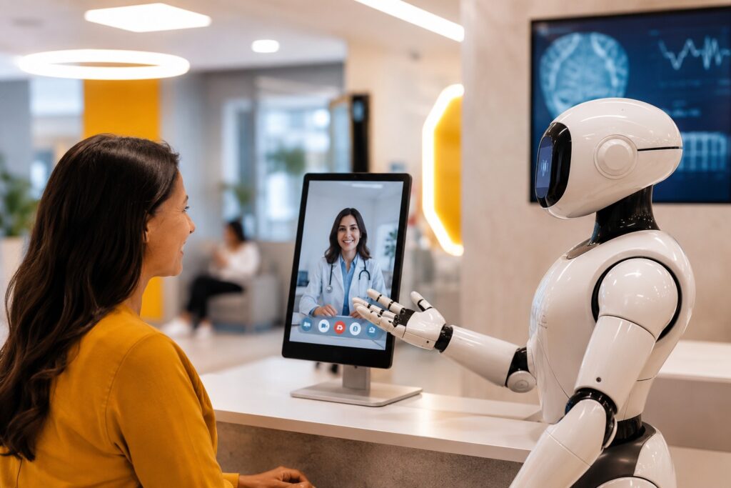Patient interacting with an AI-powered healthcare assistant robot during a telemedicine consultation, showcasing AI healthcare app development, virtual care, and smart patient support.