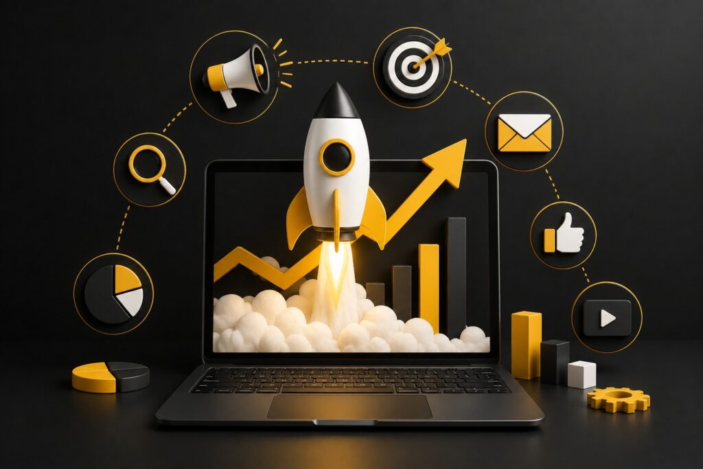 Ecommerce website launch with digital marketing, SEO, branding, social media, and online business growth strategies for successful online stores | Ace360 Degree