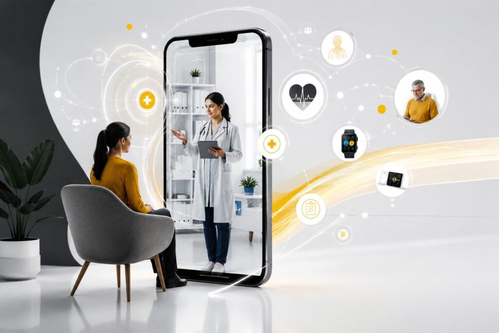 Telemedicine healthcare app connecting doctors and patients through secure virtual consultations, remote monitoring, and digital healthcare services | Ace360 Degree
