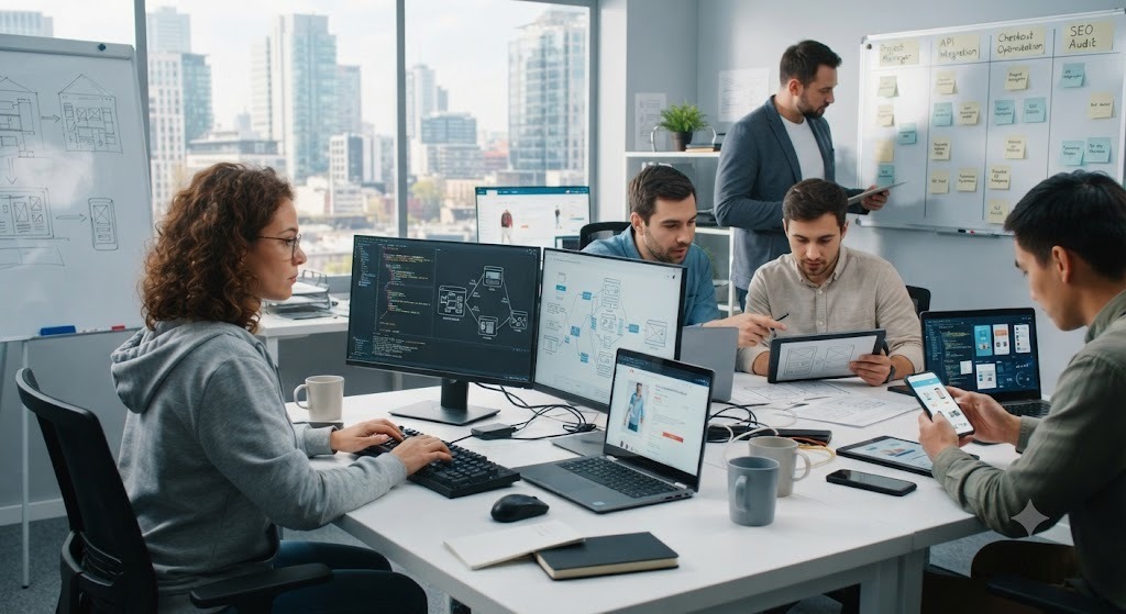 Professional ecommerce website development team designing, coding, testing, and optimizing custom online stores for business growth | Ace360 Degree