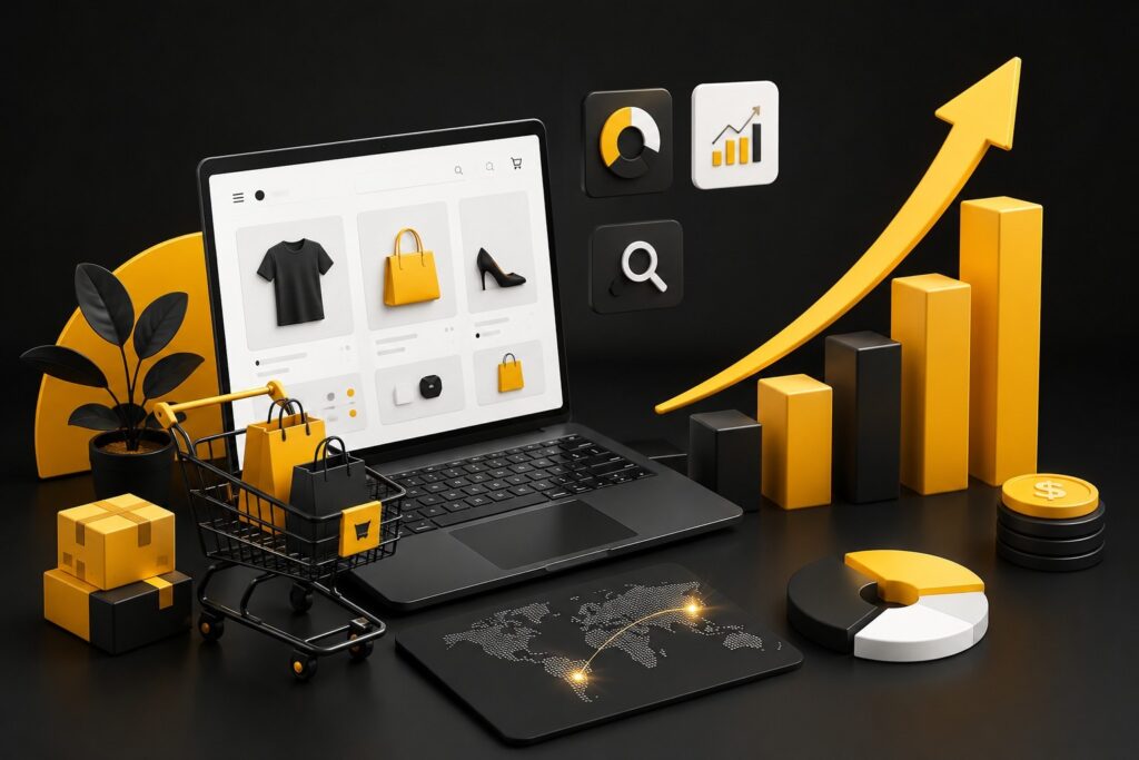 Custom ecommerce website showcasing online shopping, analytics, SEO, digital marketing, and global ecommerce business growth | Ace360 Degree