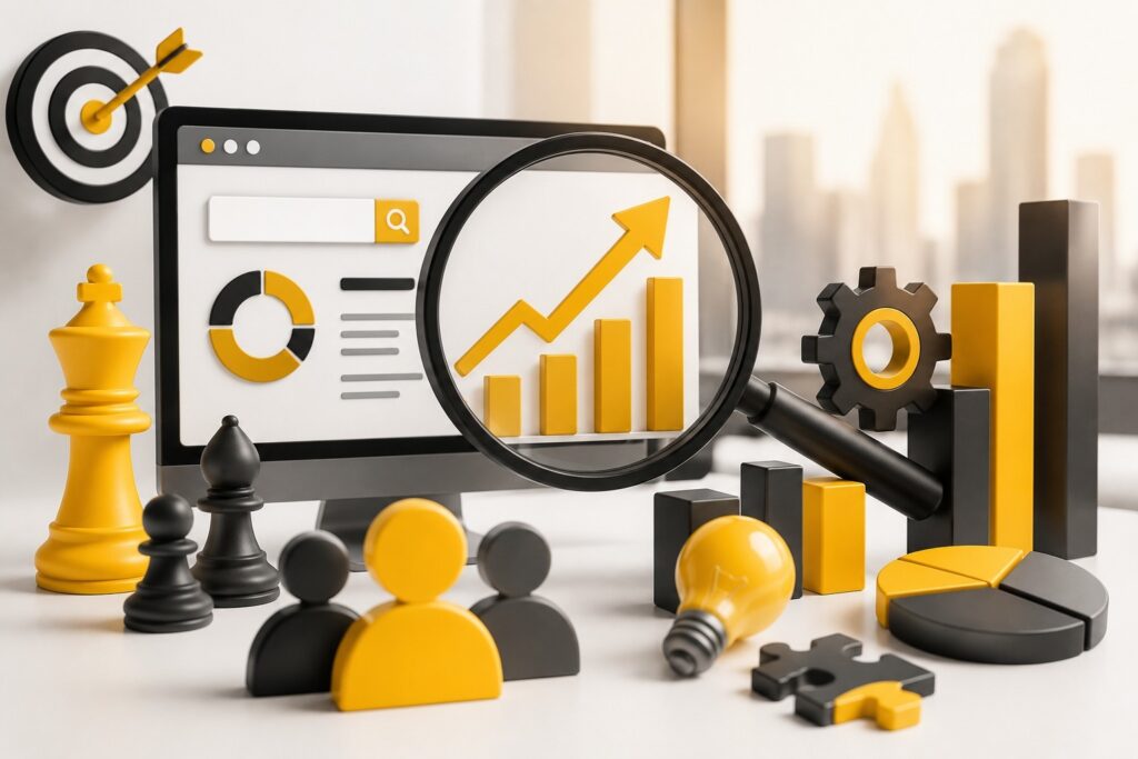Digital marketing strategy dashboard with SEO analytics, magnifying glass, business growth charts, audience insights, and performance optimization tools | Ace360 Degree