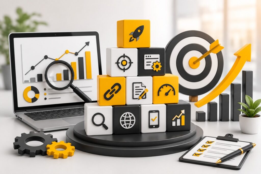 Complete digital marketing solutions featuring SEO, backlinks, analytics, content strategy, website optimization, performance marketing, and business growth icons | Ace360 Degree