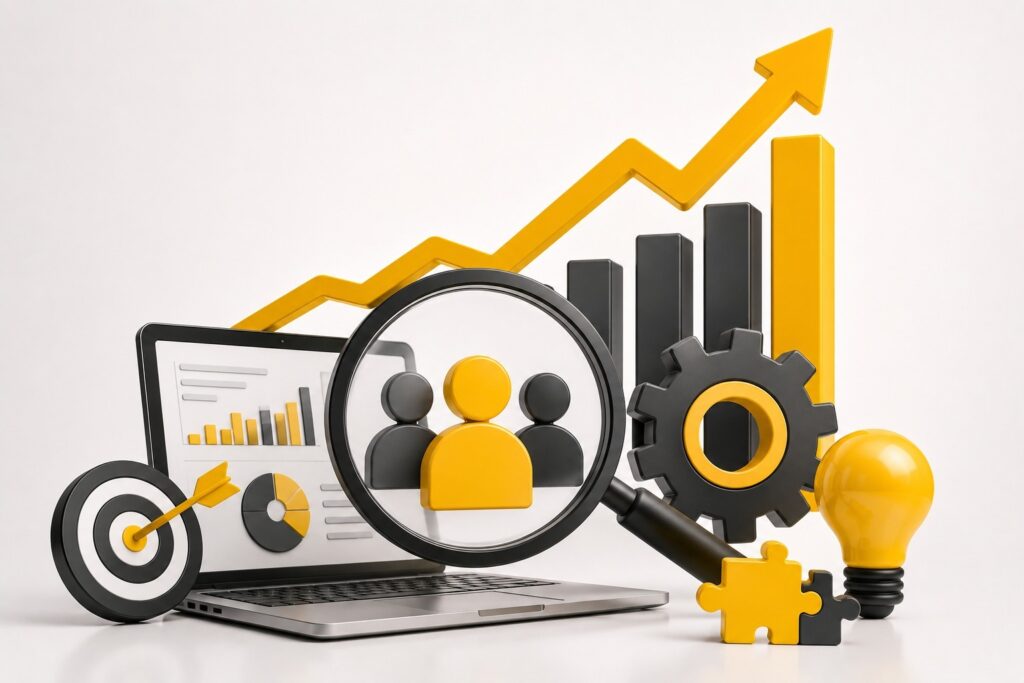 Business growth strategy illustration featuring customer targeting, SEO analytics, performance marketing, digital transformation, business optimization, and data-driven marketing insights | Ace360 Degree