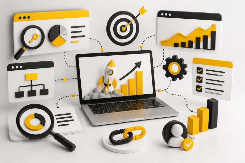Digital marketing strategy dashboard with SEO analytics, backlink building, performance marketing, business growth, website optimization, and campaign management illustration | Ace360 Degree