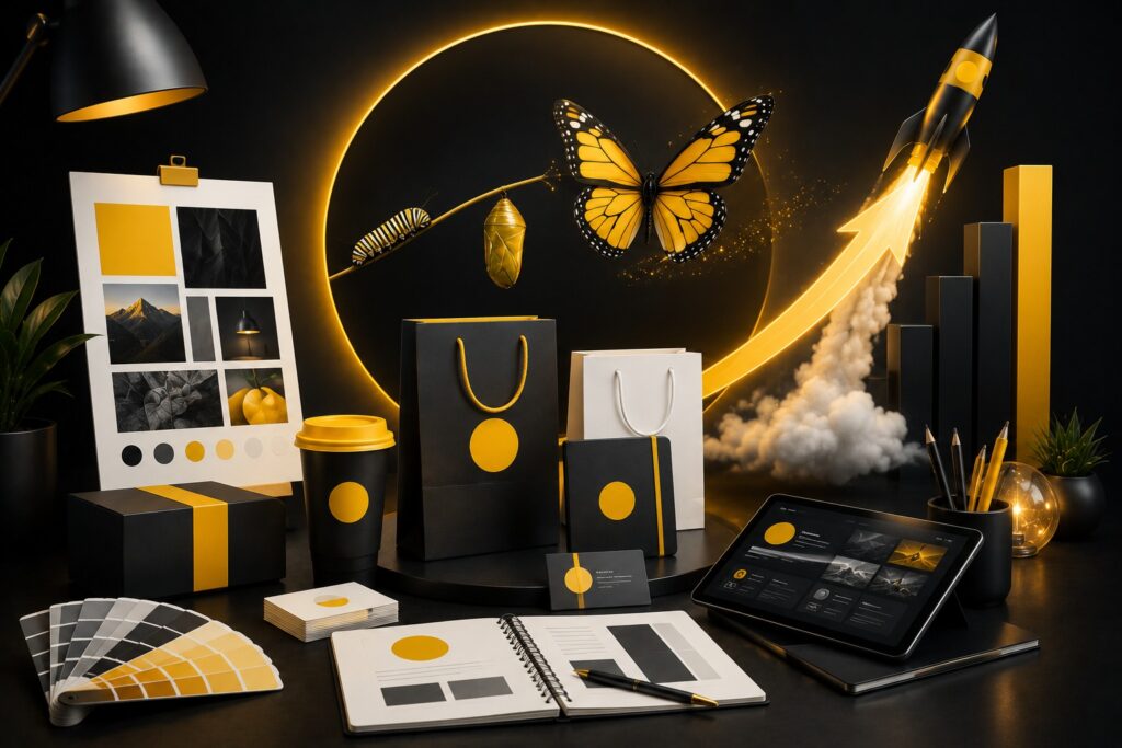 Creative branding and visual identity concept featuring brand packaging, stationery, color palette, digital interface, and growth elements representing professional brand development and business transformation.