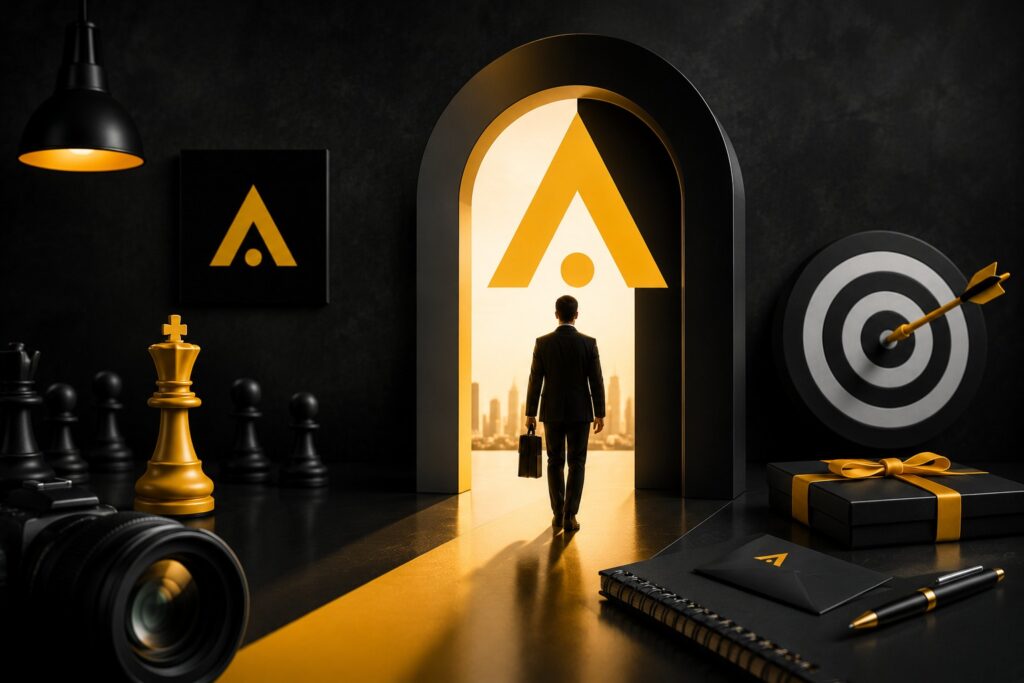 Creative brand identity concept featuring a glowing logo gateway, business professional, branding elements, strategy symbols, and premium visual identity in a modern black and gold workspace.