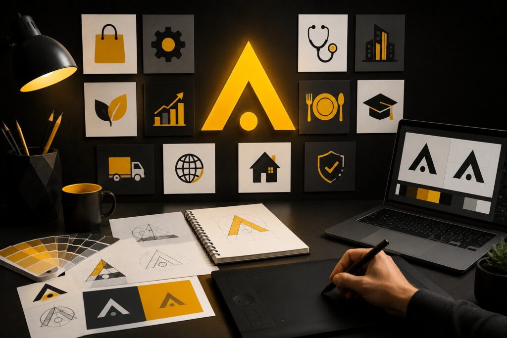 Professional logo design and branding workspace featuring custom logo creation, brand identity concepts, industry-specific icons, color palettes, digital design tools, and a designer using a graphics tablet.