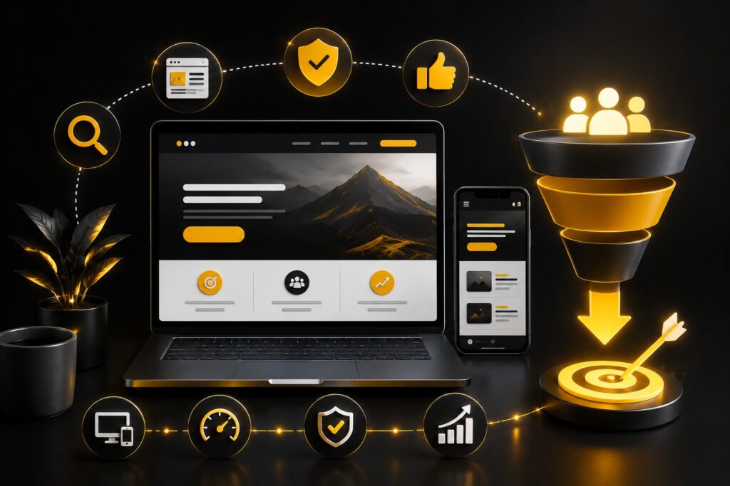 Modern website development and conversion optimization concept featuring a responsive website, mobile interface, SEO, security, performance, lead generation funnel, and business growth icons.