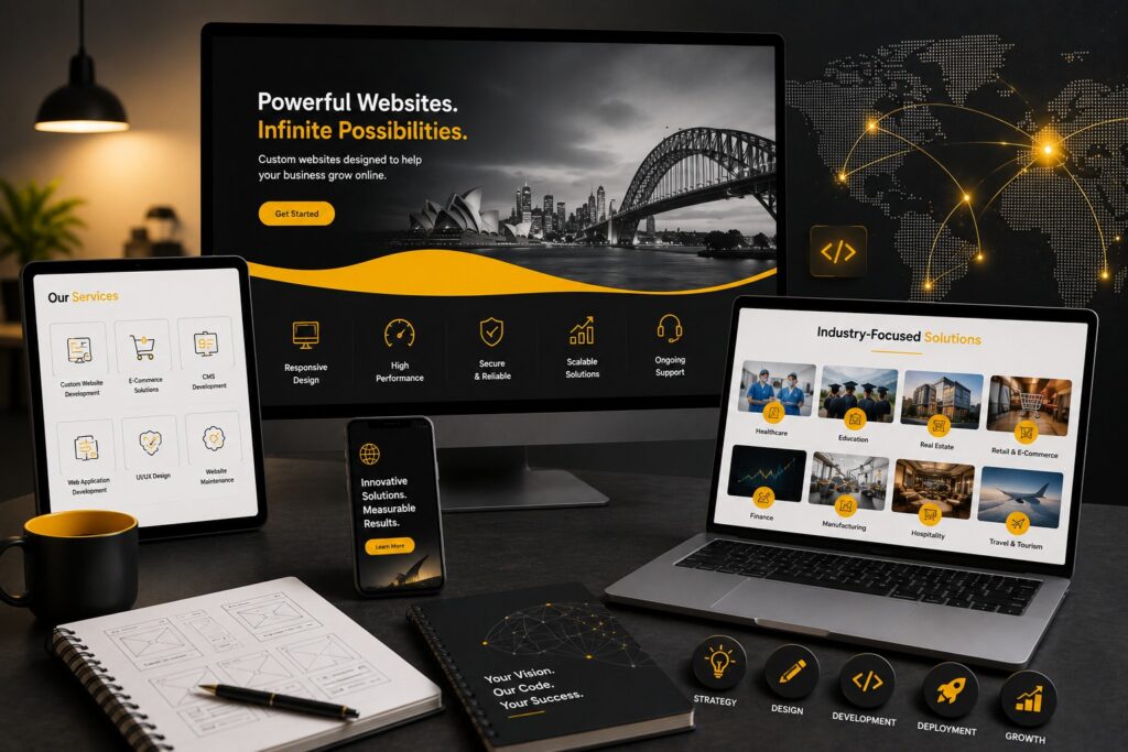 Custom website development across desktop, laptop, tablet, and mobile devices showcasing responsive web design, UI/UX, eCommerce development, CMS solutions, and scalable business websites for Australian businesses.