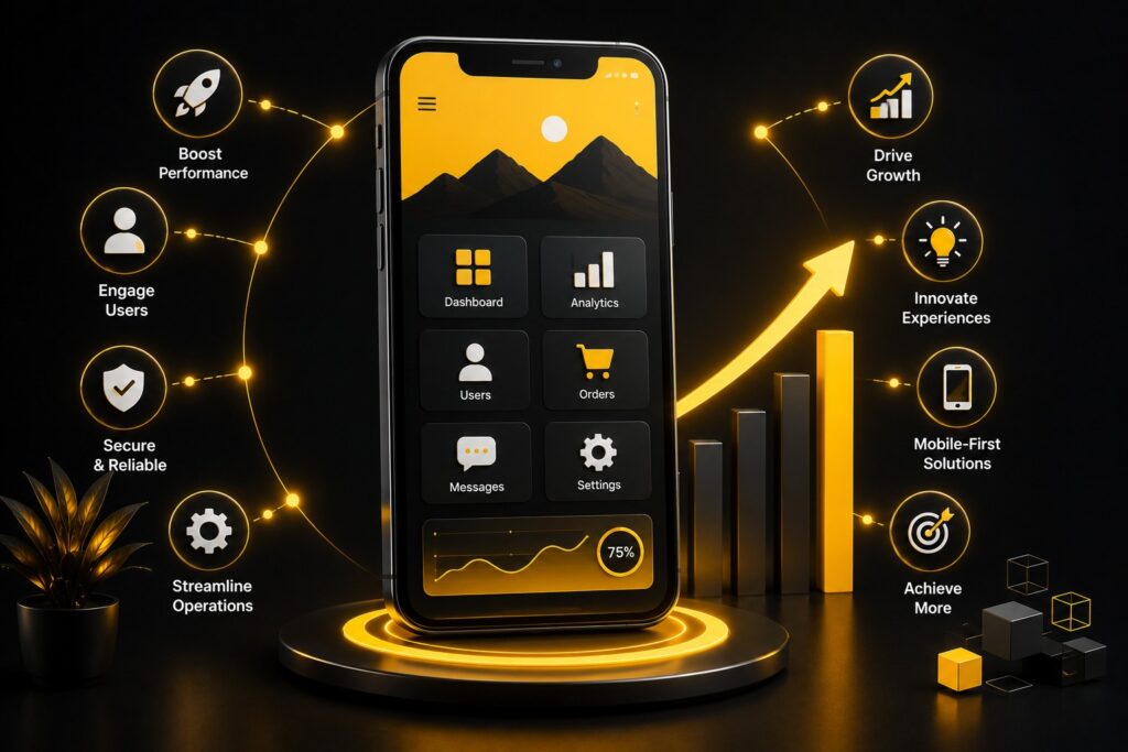 Custom mobile app development concept featuring a modern smartphone dashboard with analytics, user management, business growth metrics, secure mobile solutions, and performance optimization icons.