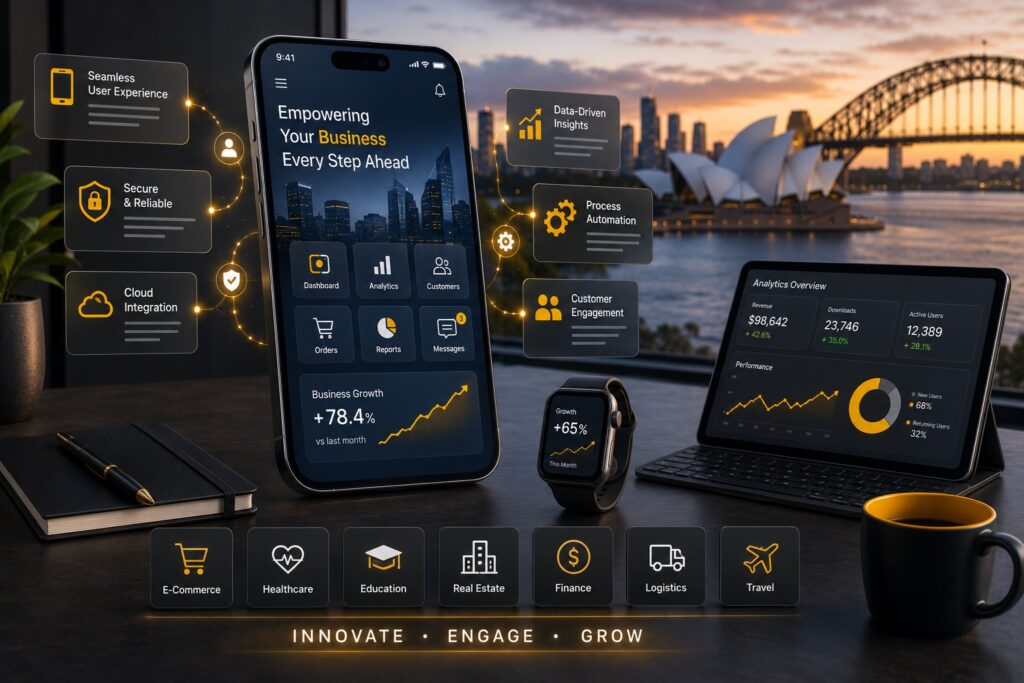 Business mobile app development showcasing Android and iOS applications, UI/UX design, cloud integration, analytics dashboards, automation, customer engagement, and scalable enterprise mobile solutions.